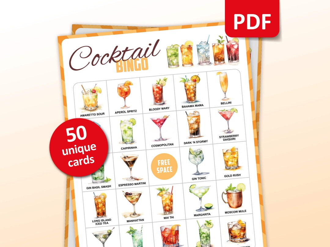 Cocktail Party Game, 50 Cocktail Bingo Cards, Bachelorette Party
