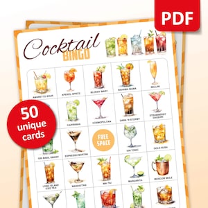 Gioco cocktail party, 50 carte Cocktail Bingo, Attività per addio al nubilato, Gioco di bevute per feste, Attività stampabile estiva di Bingo di compleanno