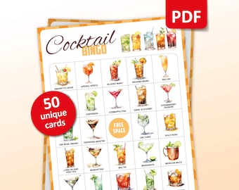 Cocktail Party Game, 50 Cocktail Bingo Cards, Bachelorette Party Activities, Party Drinking Game, Birthday Bingo Summer printable activity