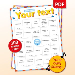 Custom Music Bingo Game with 100 unique cards, printable party game for birthdays, bachelorette parties, hen parties, graduations, tea parties, bridal showers, girls night, family gatherings, office events, and celebrations of all kinds. Fun music activity with your own songs, interactive icebreaker, instant digital download, perfect for large groups, adults, teens, and special occasions.