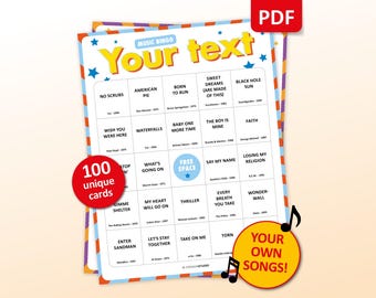 Custom Music Bingo, Personalized Party Game For Any Occassion, 100 Bingo Cards Printable