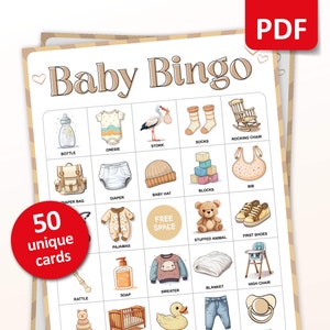 50 baby bingokaarten, baby shower spel, baby strooi activiteit, zwangerschapsfeest, neutrale baby shower spelkaarten afdrukbaar, voorgevulde kaarten