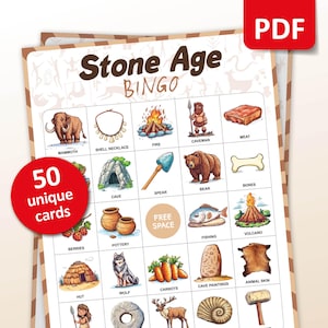 Bingo de l'âge de pierre, 50 cartes de bingo, jeu de fête d'anniversaire pour enfants, activité en classe d'histoire sur la préhistoire, apprentissage de la géographie imprimable pour les enseignants