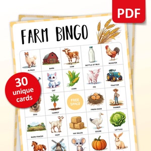Bingo à la ferme, 30 cartes de bingo à la ferme, Activités d'anniversaire, Jeu de fête des récoltes pour enfants, Activités agricoles en classe, Jeux d'apprentissage à imprimer