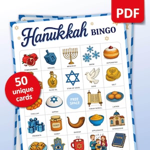 Hanukkah Bingo, 50 Chanukkah Bingo Cards, Kids Jewish Holiday Party Game, Festival of Lights Family Activity, Learning Classroom Printable
