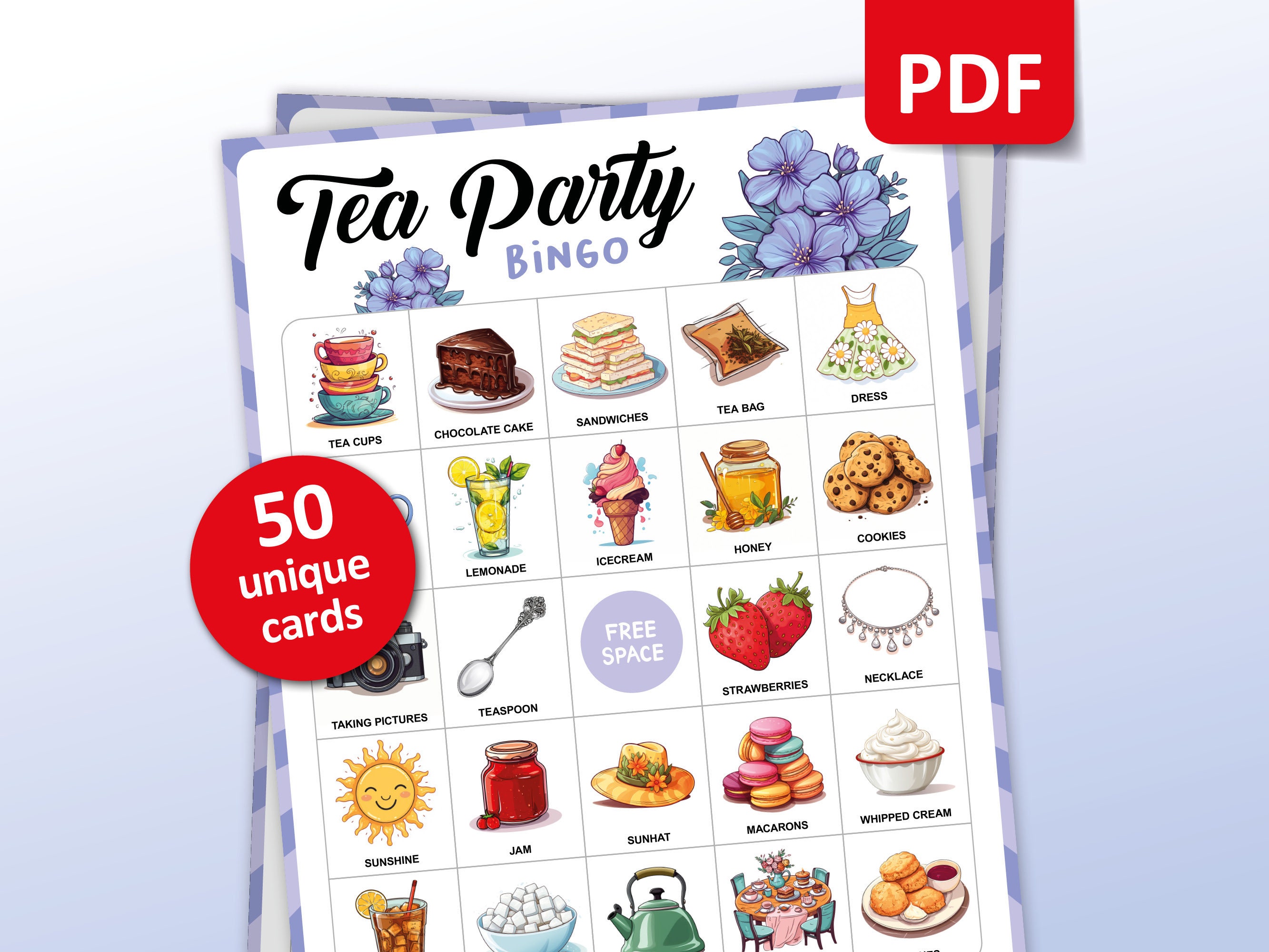 Tea Party Bingo, 50 Bingo Cards, Birthday Activities, Girls Friends Party Game, Bridal Shower & Bachelorette Activity, Fun Printable Games