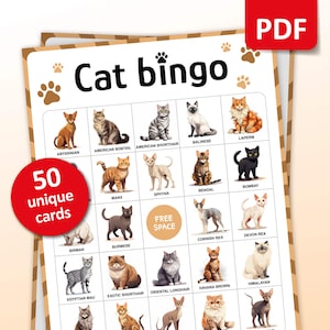 Bingo para gatos, 50 tarjetas de bingo para gatos, actividades de cumpleaños, juego de fiesta de animales para niños, juego de fiesta de razas de gatos, actividades en el aula de mascotas, regalo imprimible