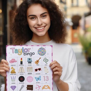 Taylor Bingo is a fun party game based on Taylor Swift as an artist and person. Great for a ladies night, teen girls birthday party or a concert watching evening with friends. This digital download contains 50 bingo cards which are all unique. Printable activity.