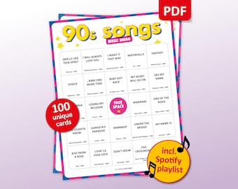 90s Songs Music Bingo, 100 Bingo Cards + Spotify Playlist, Birthday Party Game, 90's Bachelorette, Friends Bar Activity, Family Reunion