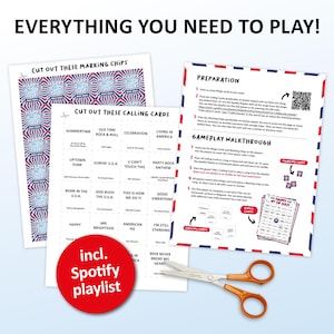 4th of July Music Bingo party game with the best USA-themed songs, patriotic anthems, American classics, and all-time party songs. Perfect for Independence Day celebrations, Fourth of July BBQs, family gatherings, patriotic parties, pub crawls, office parties, and friends game nights. Features iconic songs about America, freedom, and red, white & blue celebrations. Printable digital download with Spotify Playlist
