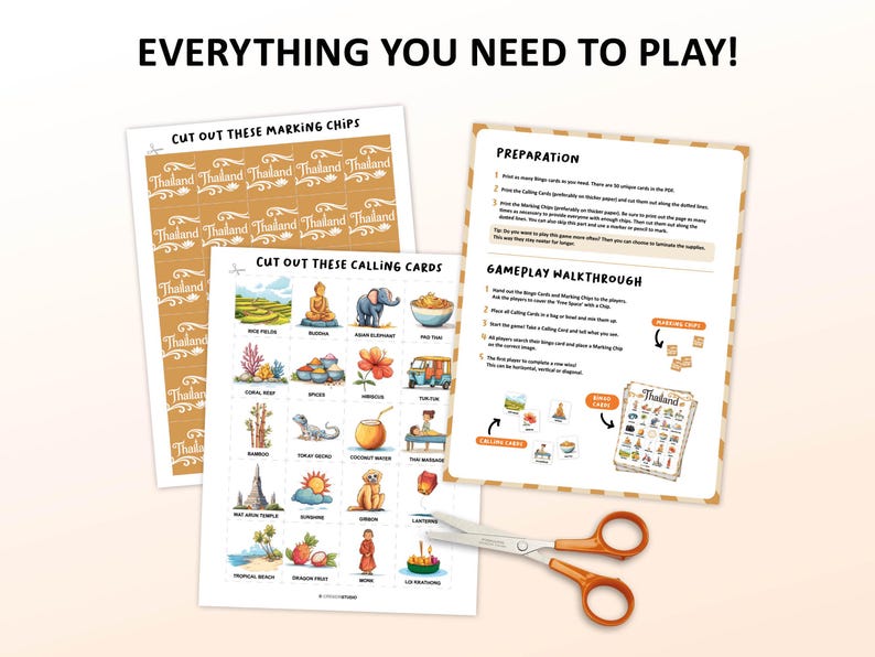 Thailand bingo game with 50 bingo cards, perfect for adults and kids who are going to travel to this country. Great backpacker gift for your friend. Party game for the farewell party.
