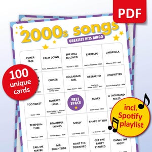 Bingo musical de los 2000, 100 cartones de bingo + lista de reproducción de Spotify, juego de fiesta de los 2000, actividad de cumpleaños, noche de chicas cantando, actividad en el bar de amigos