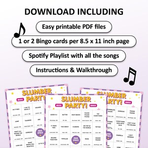 Music bingo party game with the best recent 10s, 20s hits. Perfect as a sleepover birthday party, slumber party or friends game night. Including Spotify Playlist with the songs on the bingo cards. Digital download that is easy to print. Sleepover printable.