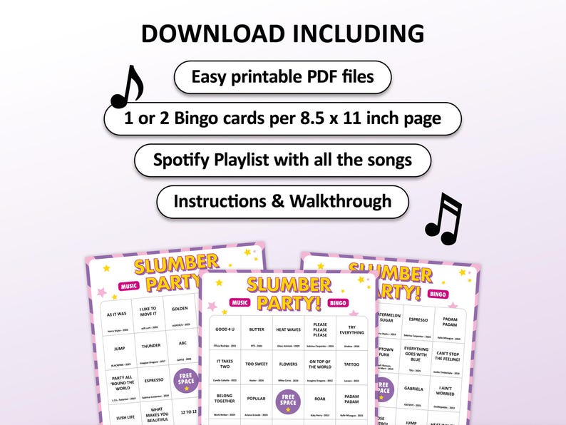 Music bingo party game with the best recent 10s, 20s hits. Perfect as a sleepover birthday party, slumber party or friends game night. Including Spotify Playlist with the songs on the bingo cards. Digital download that is easy to print. Sleepover printable.