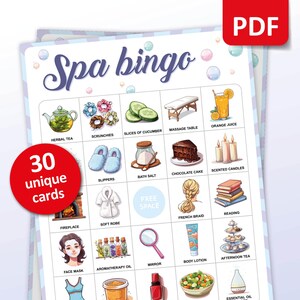 Jeu de bingo pour une journée au spa, 30 cartes de bingo au spa, activités de soirée pyjama, jeu de soirée entre filles pour adultes et enfants, cadeau imprimable d'anniversaire de fête au spa