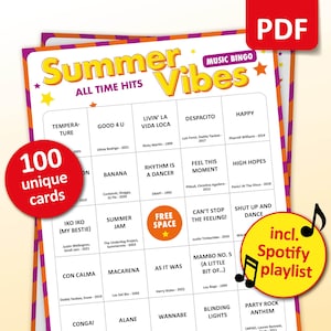 Zomerfeest muziekbingo, 100 bingokaarten + Spotify-afspeellijst, verjaardagsfeestje, Ladies Night Games, BBQ Pool Party, vriendenbar-activiteit