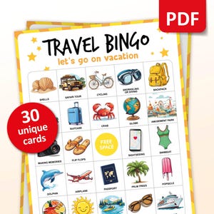 Juego de bingo de viaje, 30 tarjetas de bingo de viaje, actividades para vacaciones de verano, juego de fiesta con temática navideña para adultos y niños, regalo imprimible