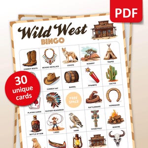 Bingo du Far West, 30 cartes de bingo, jeu de société imprimable amérindien, activité de cow-boy occidental en classe, jeu d'anniversaire pour enfants et adultes