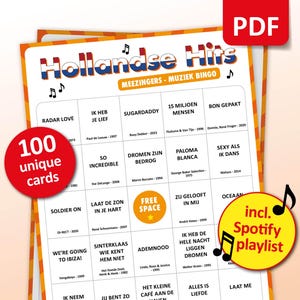 Hollandse Hits-muziekbingo, 100 bingokaarten + Spotify-afspeellijst, Koningsdag Dutch Party Game, verjaardag of vrijgezellenactiviteit, Friends Bar