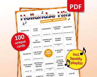 Hollandse Hits-muziekbingo, 100 bingokaarten + Spotify-afspeellijst, Koningsdag Dutch Party Game, verjaardag of vrijgezellenactiviteit, Friends Bar