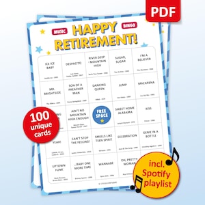 Retirement party game with the best 70s, 80s, 90s, 00s, 10s, 20s hits. Music bingo for your retirement party at the office, at work or just with friends at home or at a venue. Including Spotify Playlist with the songs on the bingo cards. Digital download.