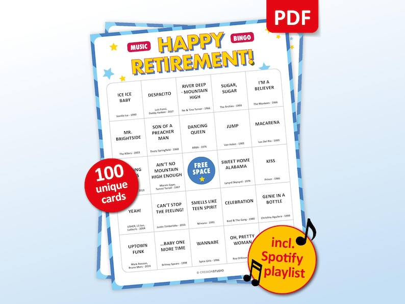Retirement party game with the best 70s, 80s, 90s, 00s, 10s, 20s hits. Music bingo for your retirement party at the office, at work or just with friends at home or at a venue. Including Spotify Playlist with the songs on the bingo cards. Digital download.