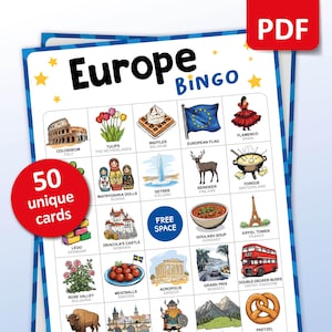Reisbingospel Europa, 50 Europese bingokaarten, activiteiten in de klas, Europa-themafeestspel voor volwassenen en kinderen, afdrukbaar cadeau