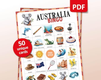Gioco di bingo da viaggio in Australia, 50 cartelle da bingo, attività per le vacanze in Australia, gioco per feste a tema australiano per adulti e bambini, regalo stampabile