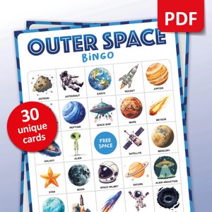 Bingo nello spazio esterno, 30 cartelle Bingo, gioco per feste di compleanno spaziali per bambini, attività in classe cosmica, apprendimento dei pianeti galattici stampabile