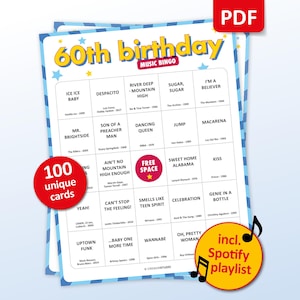 60th Birthday Music bingo party game with the best 60s, 70s, 80s, 90s, 00s, 10s, 20s hits. Perfect as a birthday party, friends game night, pub crawl, bar activity for your sixtieth birthday. Including Spotify Playlist with the songs on the bingo cards. Digital download.