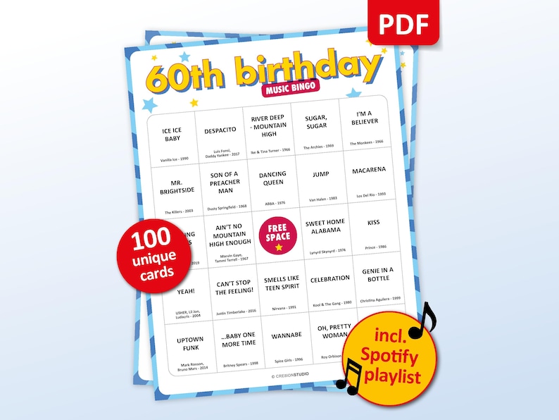 60th Birthday Music bingo party game with the best 60s, 70s, 80s, 90s, 00s, 10s, 20s hits. Perfect as a birthday party, friends game night, pub crawl, bar activity for your sixtieth birthday. Including Spotify Playlist with the songs on the bingo cards. Digital download.