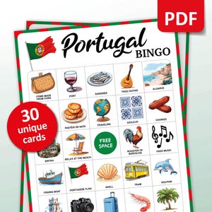 Jeu de bingo au Portugal, 30 cartes de bingo, activités de vacances en Europe, jeu de société à thème portugais pour adultes et enfants, cadeau de voyage à imprimer