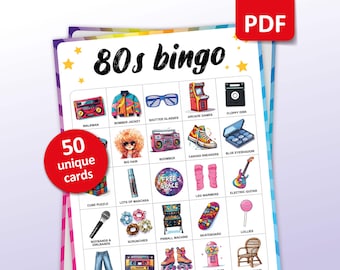 80er Party Bingo, 50 einzigartige Bingo Karten, Achtziger Party Spiel, Printable Aktivität, 80er Jahre Junggesellinnenparty, 1980 Geburtstagsnacht