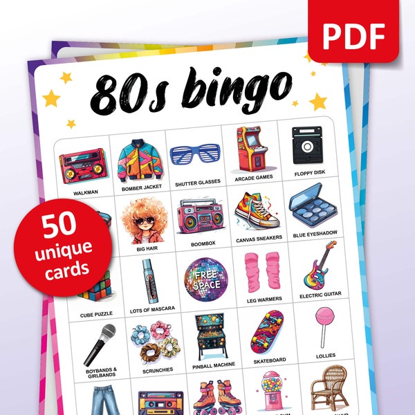 80s Party Bingo, 50 unique Bingo Cards, Eighties Party Game, Printable Activity, 80s Bachelorette Party, 1980 Birthday Night
