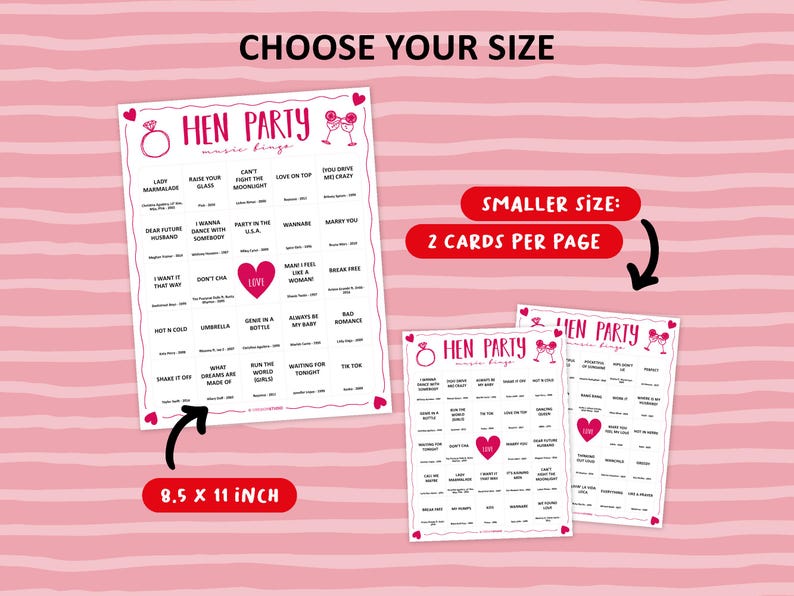 Hen Party Music Bingo is the perfect party game to play at a girls bachelorette night with all of your friends. The party songs are great for a fun night with team bride. Digital download so you can print the files directly after purchase.