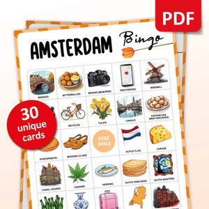Juego de bingo de viaje por Ámsterdam, 30 cartones de bingo, Actividades de viaje por los Países Bajos, Juego de vacaciones por Holanda para adultos y niños, Regalo imprimible