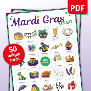 Mardi Gras Bingo, 50 Karneval Bingokarten, Partyspiel für Kinder und Erwachsene, Aktivitäten in Louisana und New Orleans, druckbare, vorgefüllte Spiele