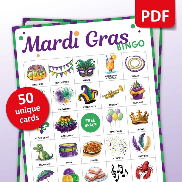 Mardi Gras Bingo, 50 Carnival Bingo Cards, Party Game for Kids and Adults, Louisana and New Orleans Activities, Printable Pre-filled Games