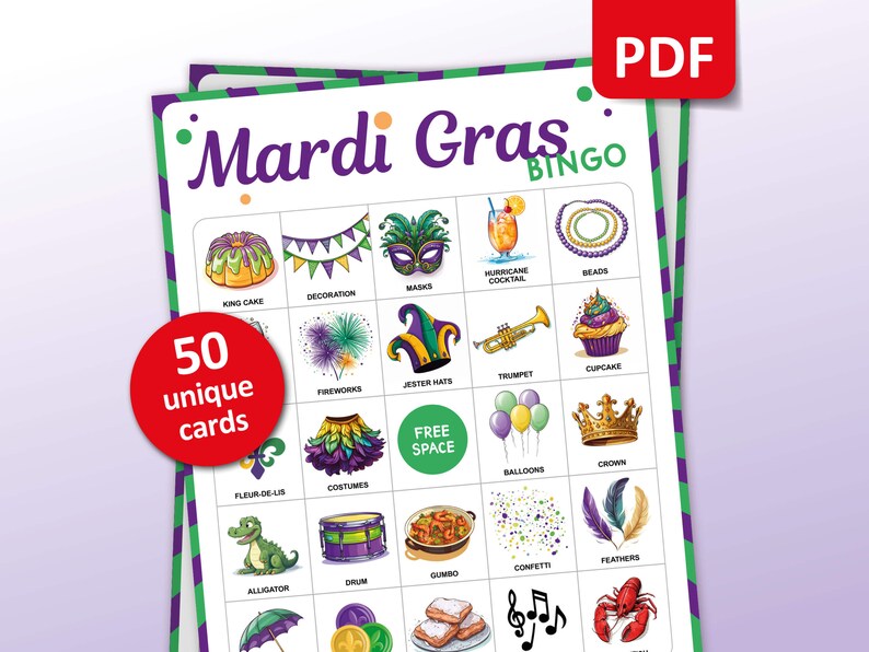 Printable Mardi Gras bingo game for adults and kids. Perfect Carnival themed party game for people in Louisana and New Orleans with all typical items and colors