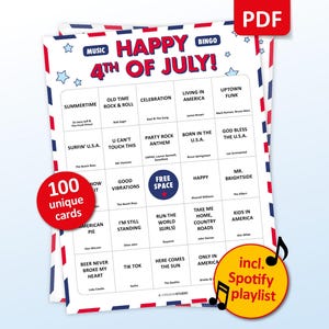 4th of July Music Bingo party game with the best USA-themed songs, patriotic anthems, American classics, and all-time party songs. Perfect for Independence Day celebrations, Fourth of July BBQs, family gatherings, patriotic parties, pub crawls, office parties, and friends game nights. Features iconic songs about America, freedom, and red, white & blue celebrations. Printable digital download with Spotify Playlist
