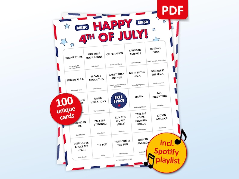 4th of July Music Bingo party game with the best USA-themed songs, patriotic anthems, American classics, and all-time party songs. Perfect for Independence Day celebrations, Fourth of July BBQs, family gatherings, patriotic parties, pub crawls, office parties, and friends game nights. Features iconic songs about America, freedom, and red, white & blue celebrations. Printable digital download with Spotify Playlist