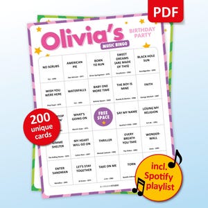 Pode incluir: Um cartão colorido de jogo de bingo musical com o texto "Olivia's Music Bingo" e "Birthday Party". O cartão apresenta títulos de músicas como "American Pie" e "Sweet Dreams". Inclui uma lista de reprodução do Spotify e 200 cartões exclusivos.