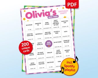 Custom Birthday Music Bingo, 200 Bingo Cards + Spotify Playlist, Personalized Birthday Party Games, Ladies Night Games, Birthday Activities