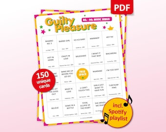 Guilty Pleasure Music Bingo, 150 Bingo Cards + Spotify Playlist, Birthday Party Game, 80s 90's 00s Songs, Friends Bar Activity, Bachelorette