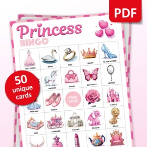 Prinzessin Bingo, 50 rosa Bingokarten, Geburtstagsaktivitäten, königliches Partyspiel für Kinder, Prinzessinnenmärchen-Klassenzimmeraktivitäten, druckbare Spiele