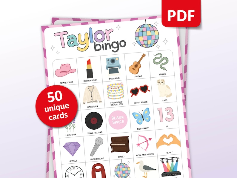 Taylor Bingo is a fun party game based on Taylor Swift as an artist and person. Great for a ladies night, teen girls birthday party or a concert watching evening with friends. This digital download contains 50 bingo cards which are all unique. Printable activity.