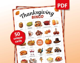 May include: A Thanksgiving Bingo card with 25 squares featuring images of traditional Thanksgiving foods, activities, and symbols.  The squares include images of a green bean casserole, a pumpkin pie, a turkey, a pilgrim hat, and a wheelbarrow.