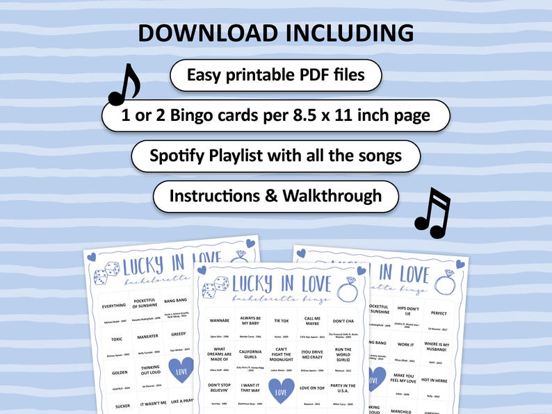 This Las Vegas Bachelorette Party Music Bingo is the perfect party game to play at a girls hen night with all of your friends. Lucky in Love is a great theme. The party songs are great for a fun night with team bride. Digital download so you can print the files directly after purchase.