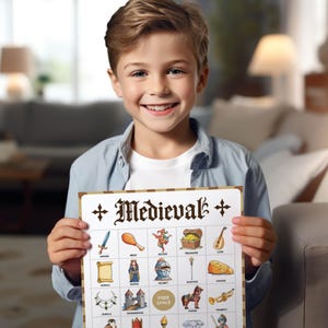 Medieval bingo is a great party game for kids. Middle Ages World History theme. Perfect school activity for teachers. Printable bingo cards as digital download and pre-filled. With knight, king, queen, jetser, battles, castles etc.