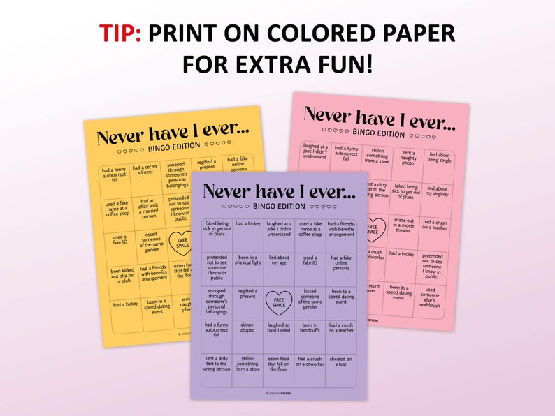 Peut inclure: Trois cartes de bingo imprimables avec le titre "Never have I ever... BINGO EDITION" en texte noir sur fond jaune, rose et violet. Les cartes sont remplies de diff&eacute;rentes invites pour une partie de bingo.